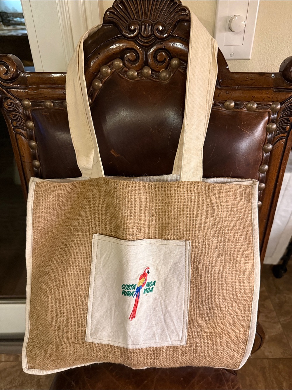 Costa Rica Parrot Tote Bag in Natural and Cream canvas & jute